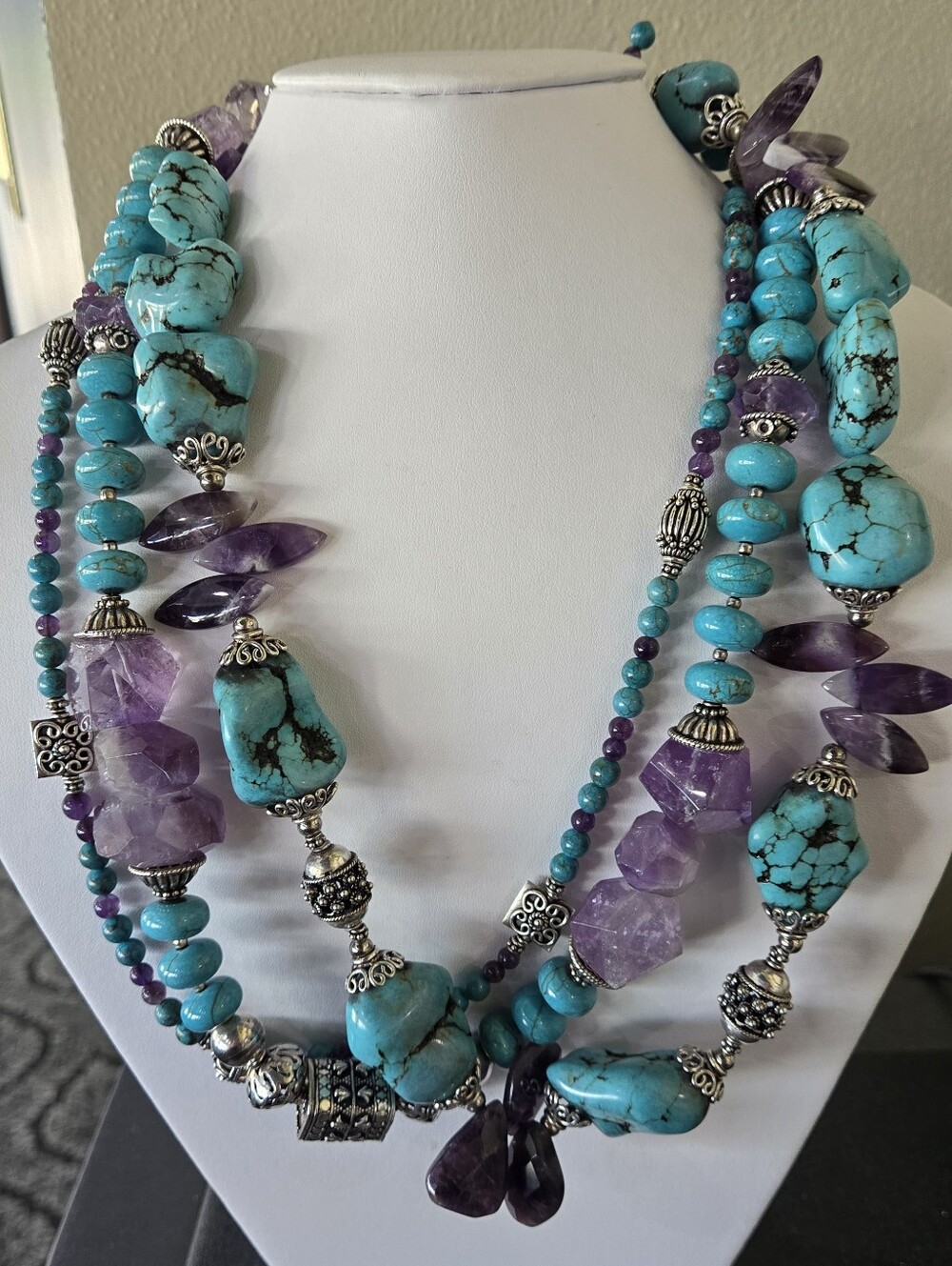 Handmade 3-Strand Turquoise & Amethyst Statement Necklace